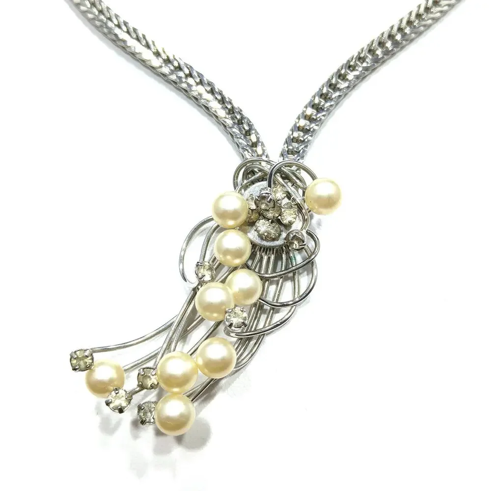 Vintage Hobé Pearl Rhinestone Modernist Necklace 16 Inch